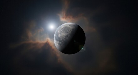 Obraz premium Planet Illuminated by Distant Star in Vast Cosmic Nebula