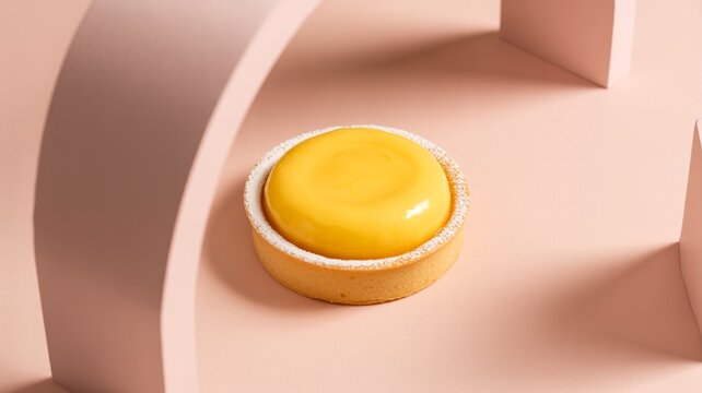 Lemon tart with powdered sugar on pastel pink background &ndash; Ideal for refined pastry shop graphics, gourmet baking magazines, or clean food design.