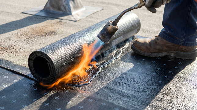Roofer using a propane blowtorch to melt a cross-patterned bitumen membrane roll for flat roof waterproofing installation.
