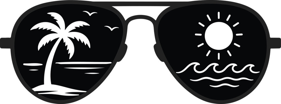 Minimal Tropical Aviator Sunglasses Silhouette with Palm Tree and Ocean Sun Flat Vector Design