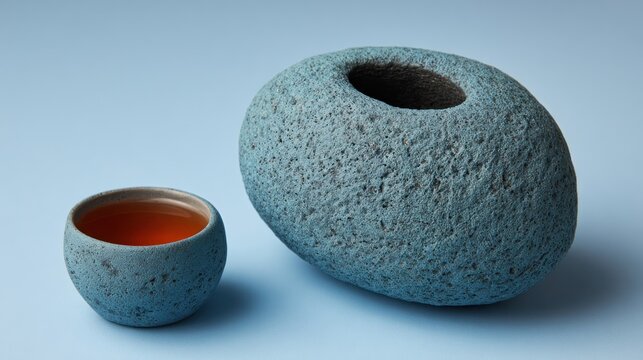 Still life composition featuring a smooth blue stone teapot and matching textured cup with warm tea on a cool blue backdrop