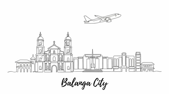Majestic aerial view of Balanga City skyline featuring a commercial airplane soaring through the blue sky above urban architecture and historical landmarks in Bataan Philippines