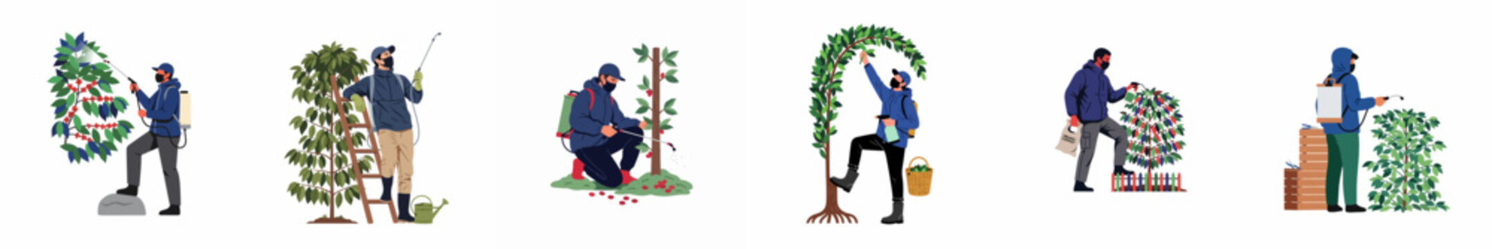 Collection of agricultural workers in protective gear spraying and caring for coffee plants, flat vector illustration on a white background.