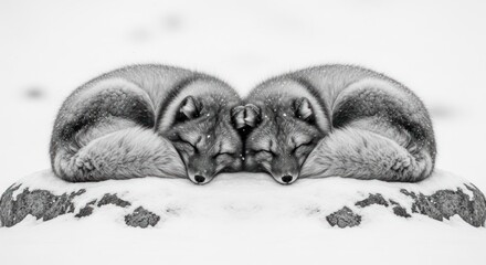 Fototapeta premium Two Arctic Foxes Sleeping Together in the Snow.