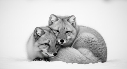 Fototapeta premium Two Foxes Cuddle Together in Snowy Winter Landscape Black and White.
