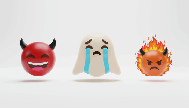 Emotional faces, emoticon set, devil, ghost, fire, 3D icons, vector illustrations