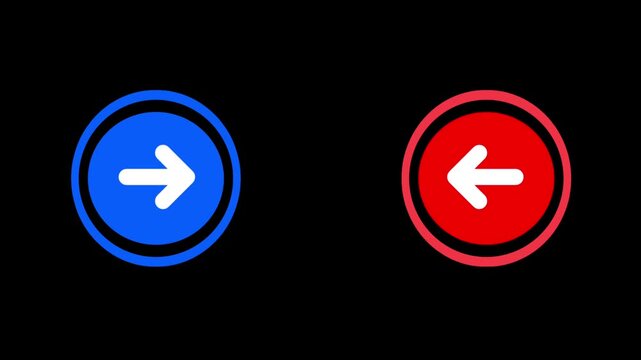 Minimalist graphic of blue right arrow and red left arrow buttons pulsing on a black background.