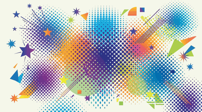Abstract Geometric Background Design Featuring Vibrant Halftone Circles and Stars in a Creative Modern Vector Illustration with Pop Art Retro Style Elements and Cosmic Celestial Pattern