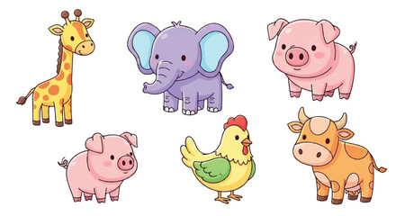 Fototapeta premium Cute Cartoon Farm Animals Collection Vector Illustration.