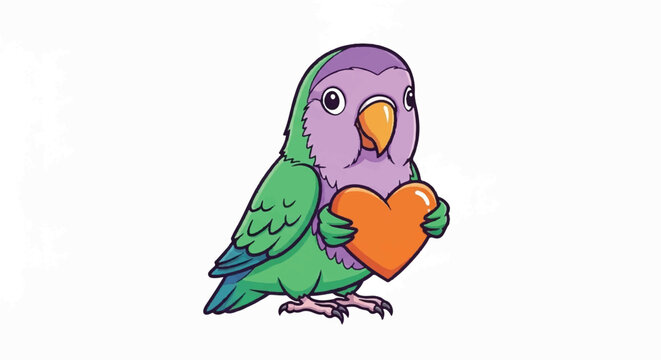 Cute cartoon lovebird holding an orange heart.
