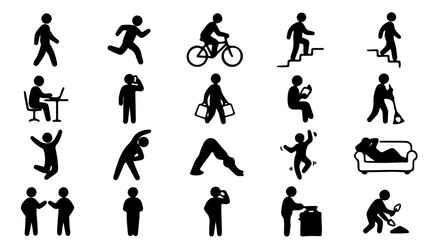 Fototapeta premium Daily Routine and Human Activities Stick Figure Icon Set