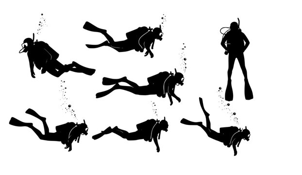 Dynamic black silhouette scuba divers equipped with masks, snorkels, fins, and tanks, swimming and floating in various, isolated on white background
