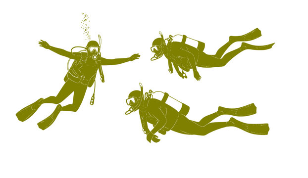 Dynamic black silhouette scuba divers equipped with masks, snorkels, fins, and tanks, swimming and floating in various, isolated on white background
