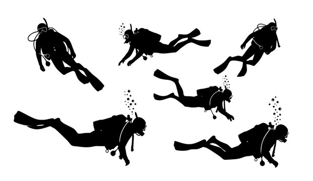 Dynamic black silhouette scuba divers equipped with masks, snorkels, fins, and tanks, swimming and floating in various, isolated on white background
