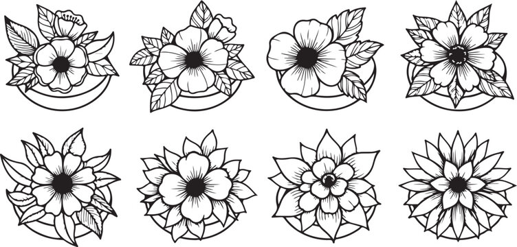 Set of black and white floral pattern icons vector design Vector