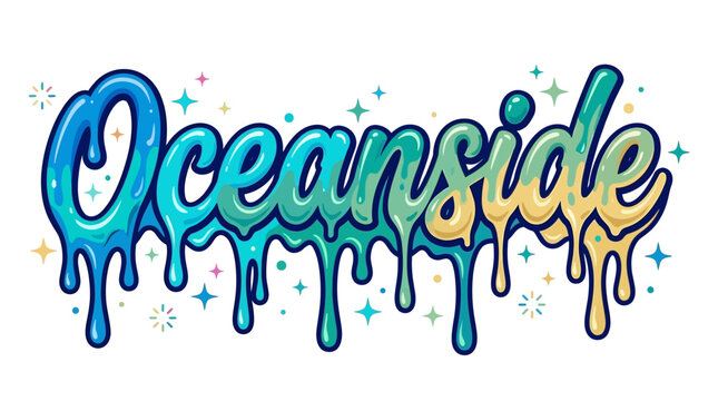 Vibrant oceanside lettering illustration featuring liquid paint drips, colorful stars, fluid pigment splashes, and celestial typography elements on a nautical vector background.