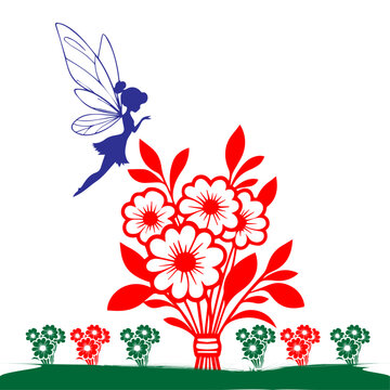 Fairy Silhouette with Red Floral Bouquet &mdash; Blue Tinkerbell Style Vector Clipart for Stickers, SVG Cut Files, T-Shirt and Invitation Design