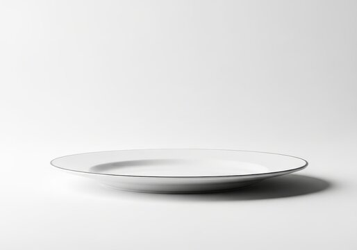 Empty White Ceramic Plate with Thin Dark Rim Isolated on White Background for Food Mockup and Minimalist Dining Concepts