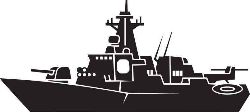 Black and white military naval destroyer ship silhouette vector
