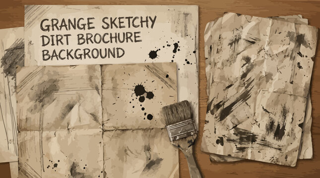 Scratchy old paper overlay set with paint brush strokes and creases. Hand drawn grange sketchy dirt brochure background