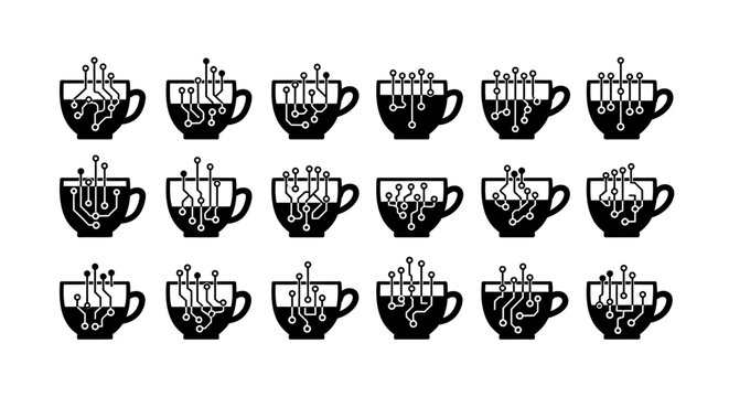 Circuit board coffee cup icons set representing tech coffee break and digital breakfast concepts for developers or technology enthusiasts on white background