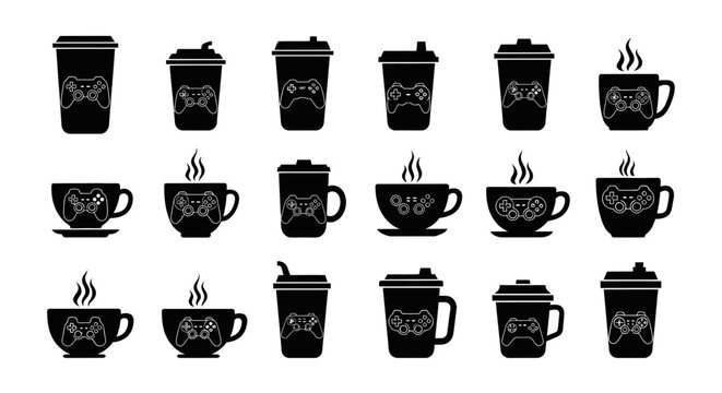 Gamer coffee cups and take away containers featuring video game controller graphics for gaming community events and e-sports cafe branding on white background