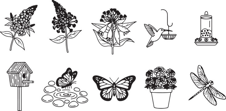 Black and white simple line drawings of butterflies and moths vector Vector