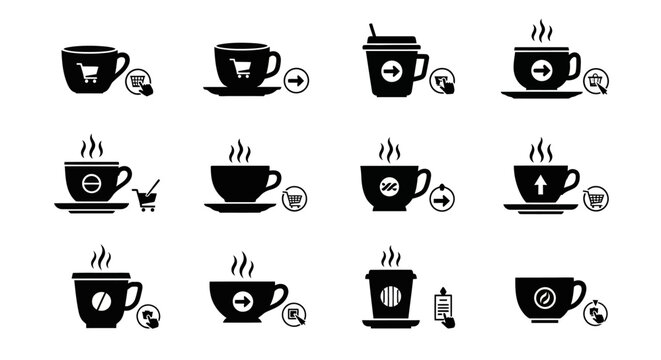 Black coffee cup icons with shopping and finance symbols representing e-commerce online purchase and business transactions on white