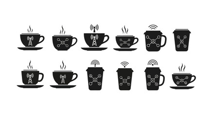 Fototapeta premium Collection of steaming coffee cup icons displaying various network and communication symbols like antennas and connected nodes