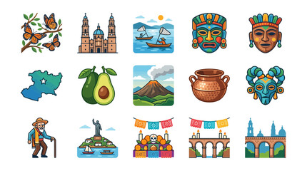 Fototapeta premium Collection of premium, sharp, and clean vector illustrations capturing the essence of Mexican culture, iconic landmarks, and natural beauty, featuring traditional art, festivals, and travel themes
