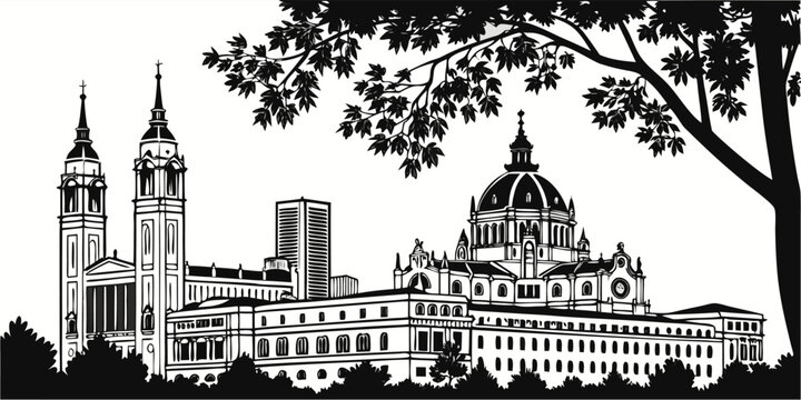 Madrid, Spain Skyline Engraving Sketch Vector