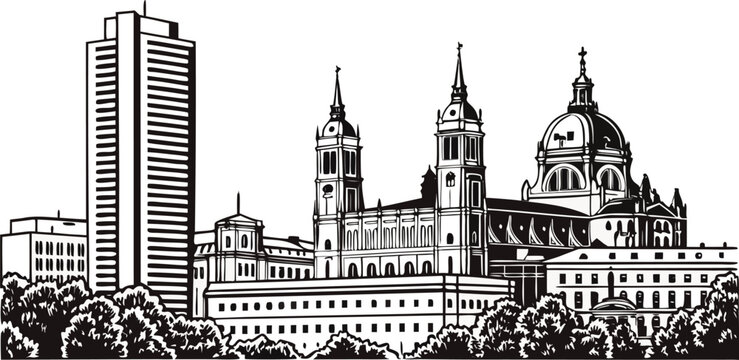 Madrid Skyline Engraving Sketch Vector Illustration
