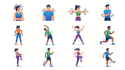 Fototapeta premium Collection of premium sharp clean vector illustrations depicting various fitness exercises and warm-up routines for a healthy lifestyle and active workout at home or gym