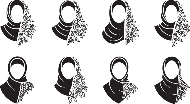 hijab with lace floral design line art icon bundle set black vector silhouette art