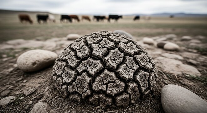 Cracked dried mud mound on a Mongolian pasture with cattle in background