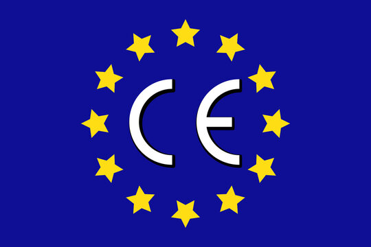 CE marking (European Conformity) on the background of the EU flag