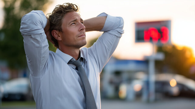 stock photo of a tired Europeans salaryman loosening his tie while standing in front of a gas station price sign, staring up at it with a defeated expression. Evening light, suit s