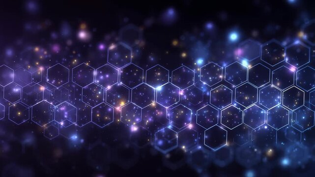 Futuristic glowing hexagonal grid pattern with sparkling particles on a dark blue background, symbolizing advanced technology and innovation. Abstract digital network design for modern concepts