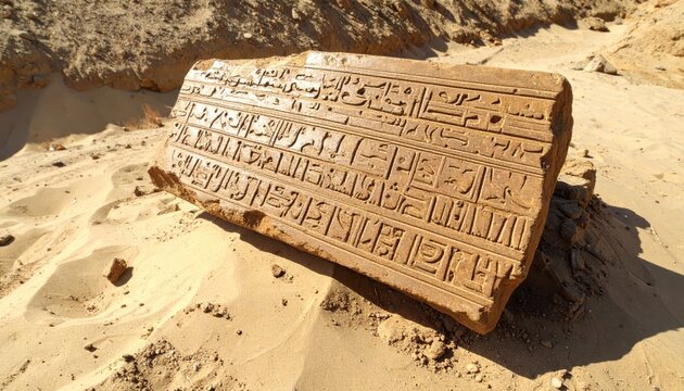 Fragmented ancient Mesopotamian cuneiform clay tablet inscribed with detailed script in desert setting