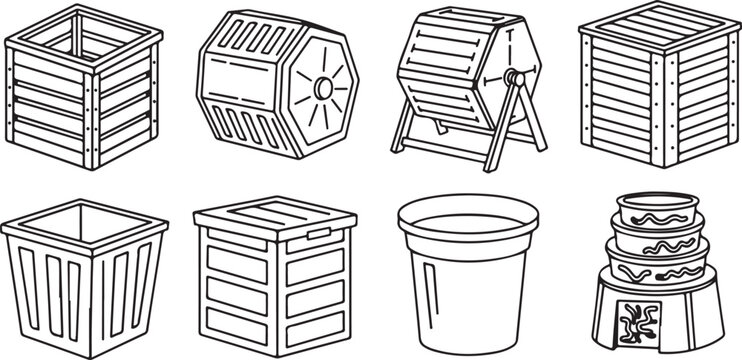 3d rendering of wooden wireframe boxes and cylinders in isometric view Vector