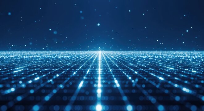 Abstract Blue Digital Grid Data Flow Background.