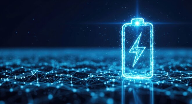 Digital battery icon with lightning bolt on abstract blue background.