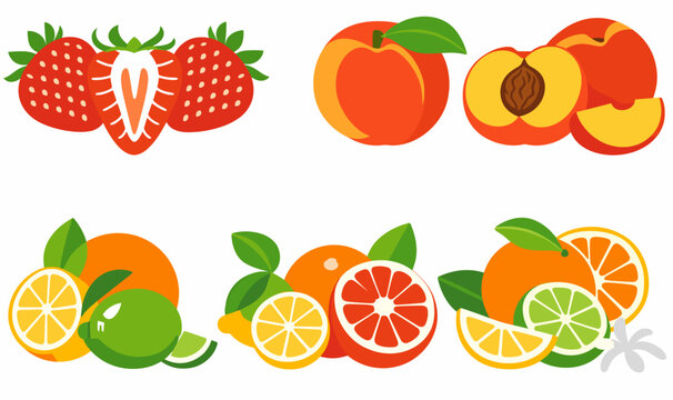 Flat fruit border vector with strawberries peaches citrus and limes on white background. Modern healthy food banner design for summer menus, packaging, detox and organic branding.
