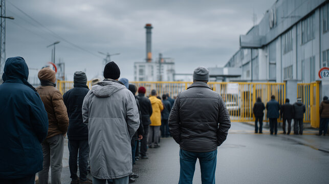 A closed factory gate during a shutdown, workers standing outside in silence, grey sky, industrial crisis atmosphere, realistic documentary photography