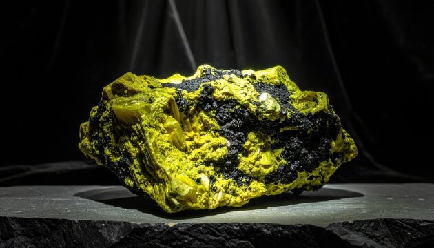 A rough chunk of yellow-green uranium ore showcasing its natural crystalline structure and rich mineral composition.