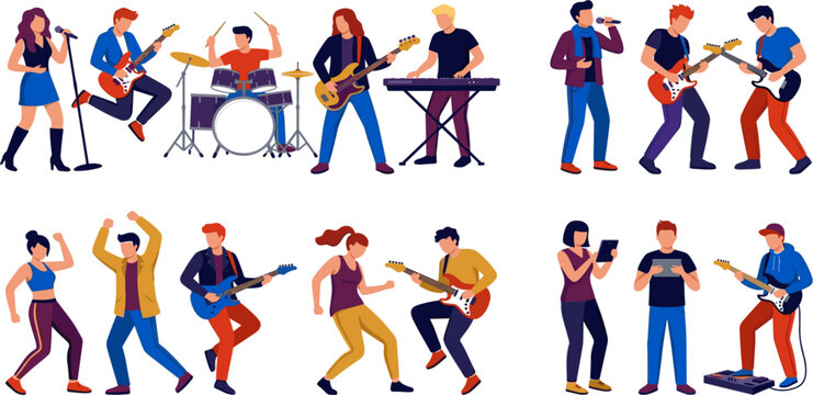 Music Band Performance Character Set with Singers, Guitarists, Drummer, Keyboard Player, and Dancing People at Live Concert Illustrations