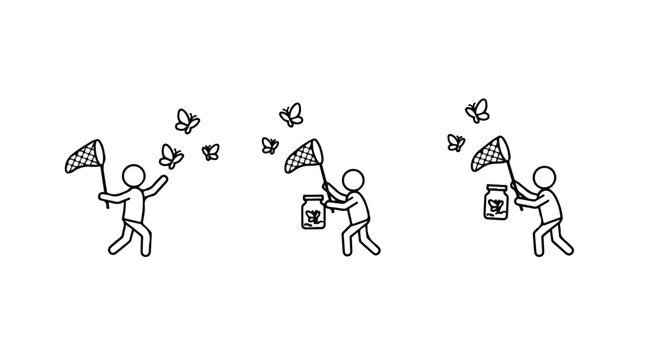 Happy stick figures catching butterflies with nets in nature