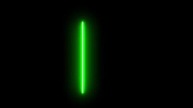 Glowing Green Neon Vertical Light Line Expanding on Black Background, Futuristic Laser Beam Animation