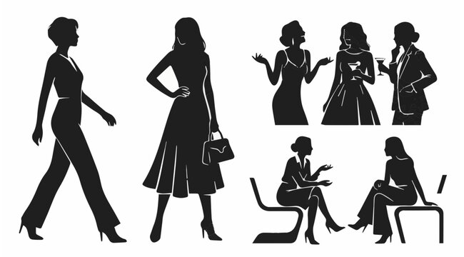 Elegant fashion women vector silhouettes set.