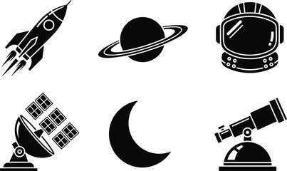 Outer Space and Astronomy Icon Set Featuring Rocket Ship Planet Saturn Astronaut Helmet Satellite Dish Crescent Moon and Telescope for Sci Fi Designs © Emdadul